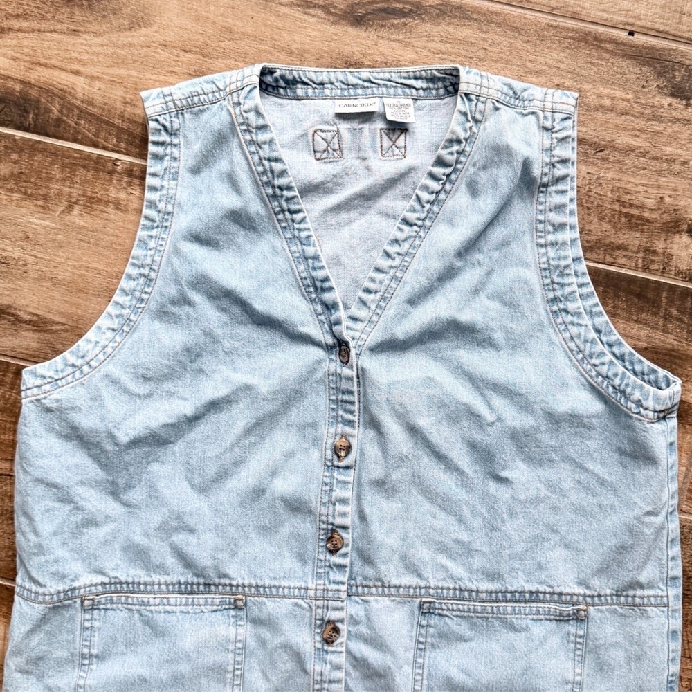 Cabin Creek Vintage Plus Button Front Patch Pockets Denim Vest, Light Blue, 1X - Picture 4 of 6